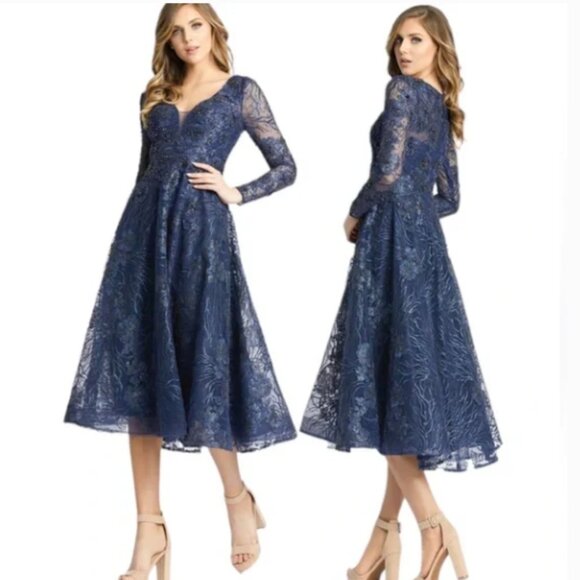 MAC DUGGAL 20286 EMBELLISHED PLUNGE NECK ILLUSIONS LONG SLEEVE MIDI DRESS sz 10 - Picture 1 of 8